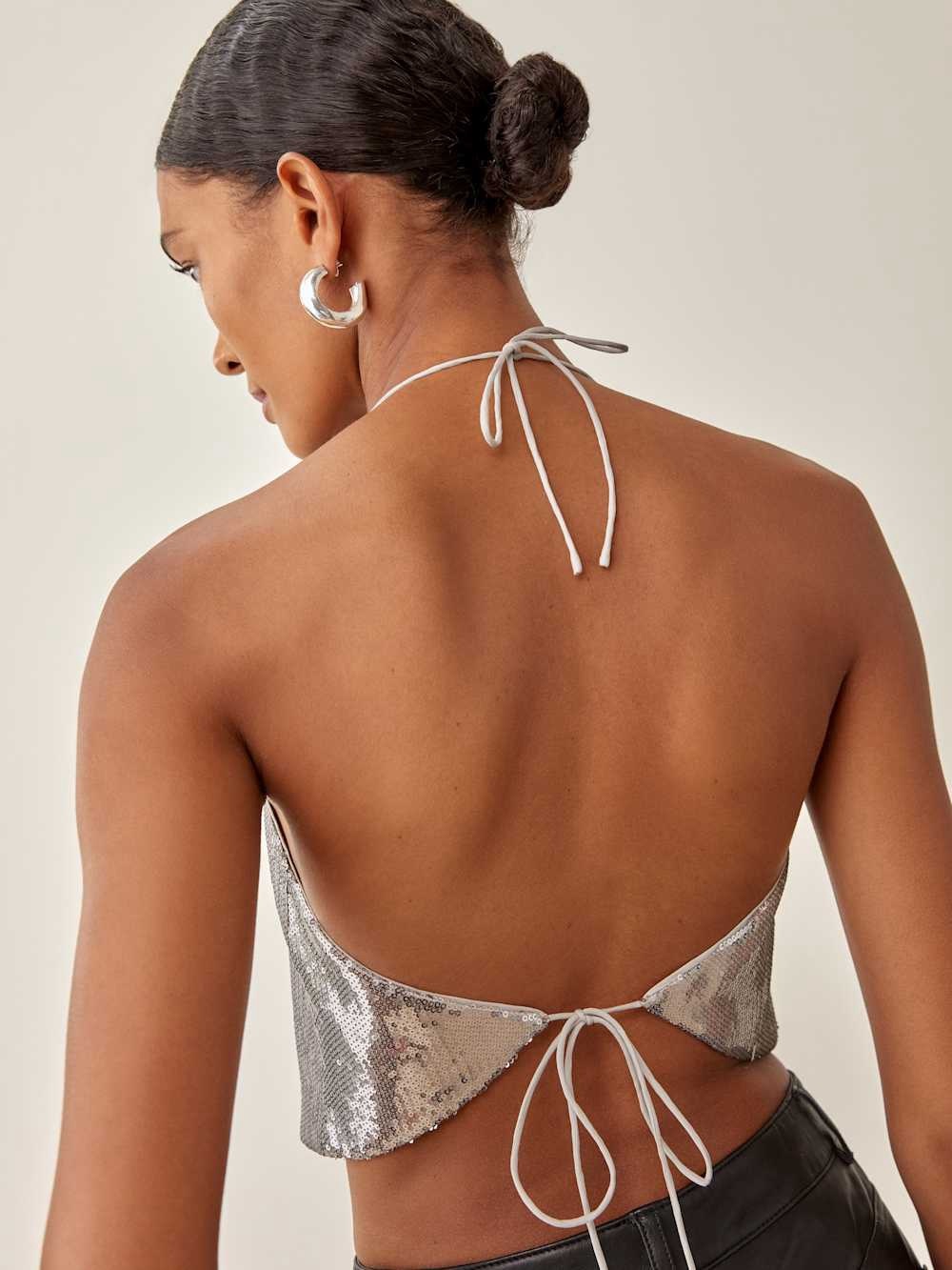 NWT Reformation Gayle Silver Sequin Halter Cowl Tank - Picture 3 of 11